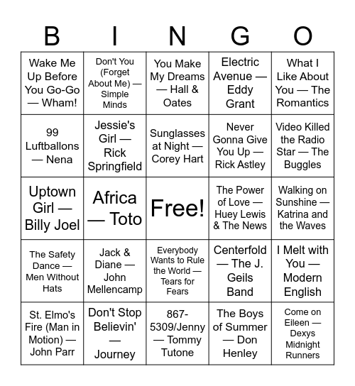 Music Bingo: Round 1 - Totally '80s Bingo Card