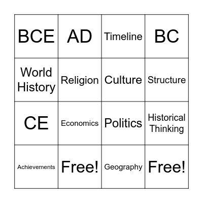 World History Vocab Bingo Card