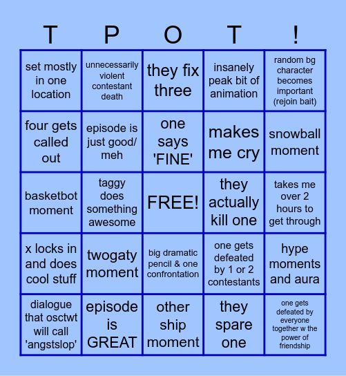 TPOT 25 Predictions Bingo Card