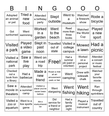 Summer Break Bingo Card