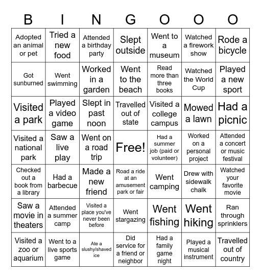 Summer Break Bingo Card