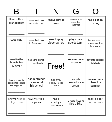 Beginning of Year BINGO Card