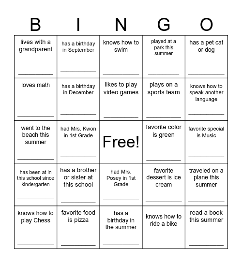 Beginning of Year BINGO Card