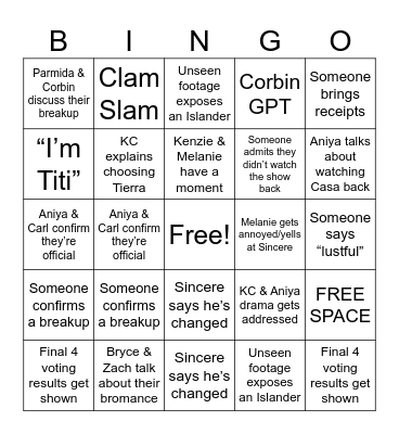 Love Island Reunion Bingo Card
