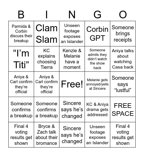 Love Island Reunion Bingo Card