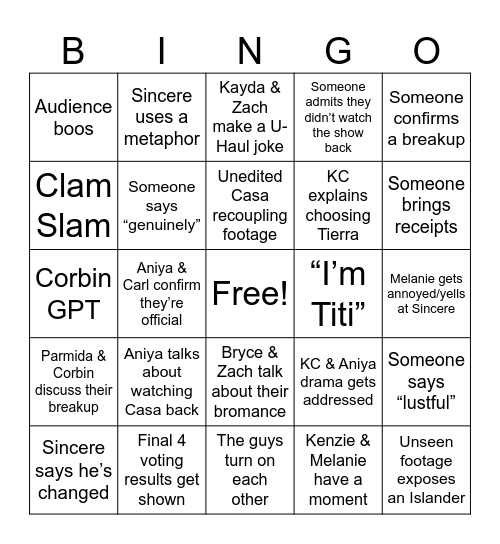 Love Island Reunion 2026! Bingo Card