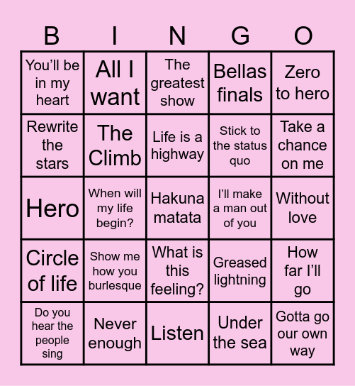 Musicals & Disney Princess Jasmin Bingo Card