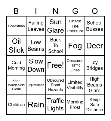 Fall Driving Hazards Bingo Card