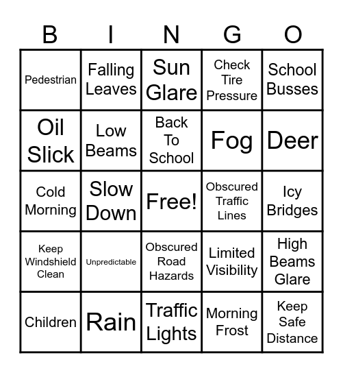 Fall Driving Hazards Bingo Card