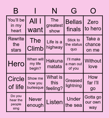 Musicals & Disney Princess Jasmin Bingo Card