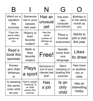 High School Classmate Bingo Card
