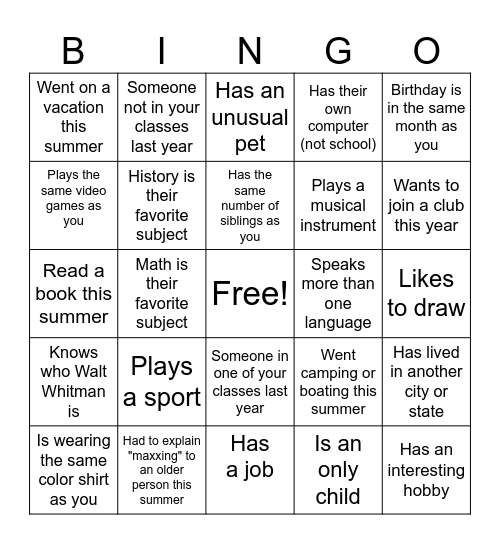 High School Classmate Bingo Card
