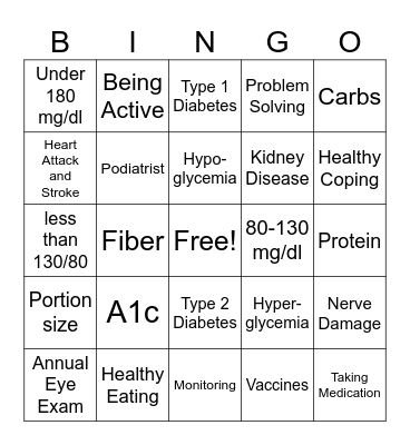Diabetes Bingo Card