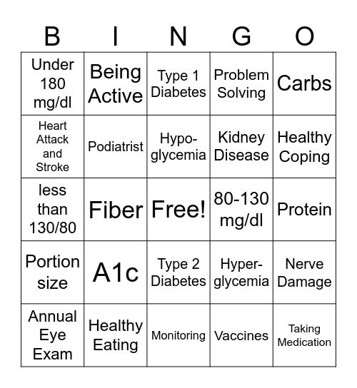 Diabetes Bingo Card