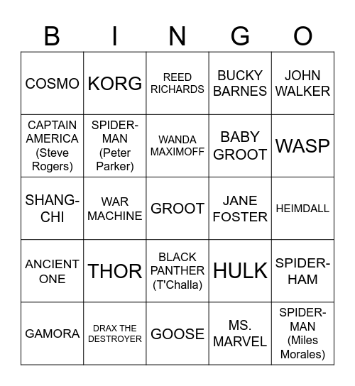 MCU Superheroes Bingo Card