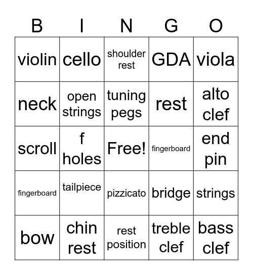 Beginning Orchestra Bingo Card