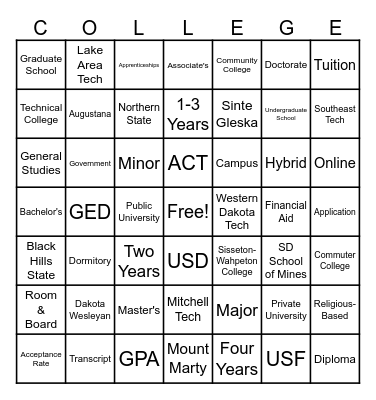 College Vocab Bingo Card