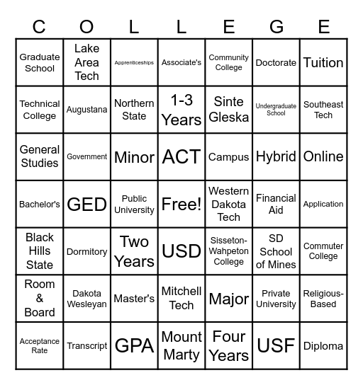 College Vocab Bingo Card