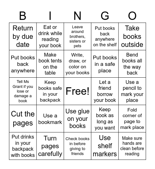 Book Care Bingo Card