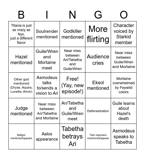 The Bardic Hearth S2E6 Bingo Card