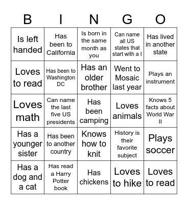 Find Someone Who...Has lived in another state Bingo Card