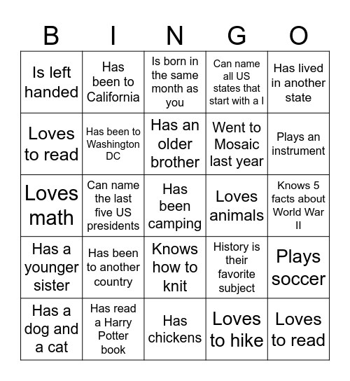 Find Someone Who...Has lived in another state Bingo Card