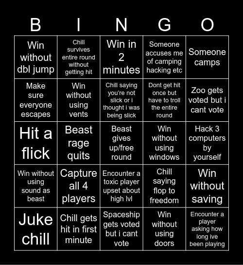 Flee The Facility Bingo Card