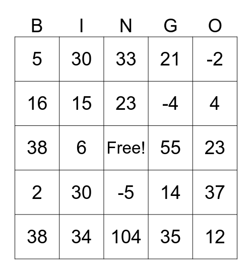 Algebra Substitution BINGO Card