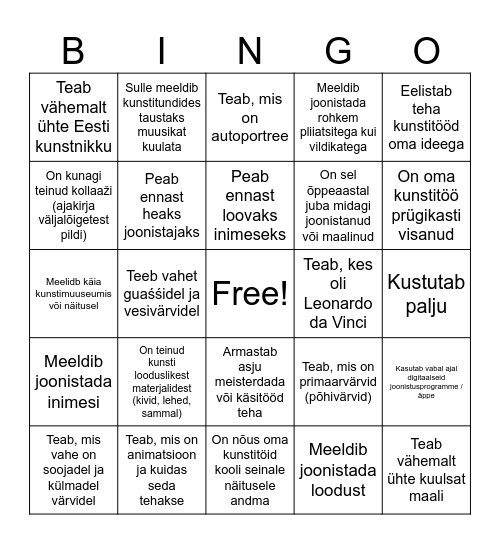 Kunstiõpetus. Tutvumine. Bingo Card