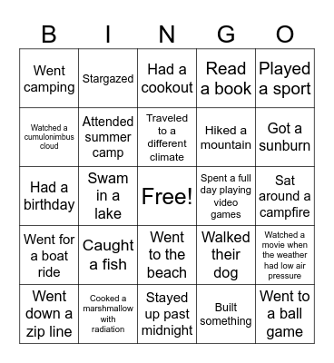 Summer Science Bingo Card