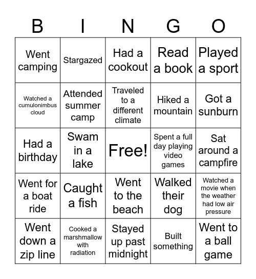 Summer Science Bingo Card