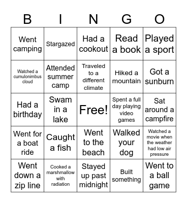 Summer Science Bingo Card