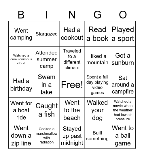 Summer Science Bingo Card
