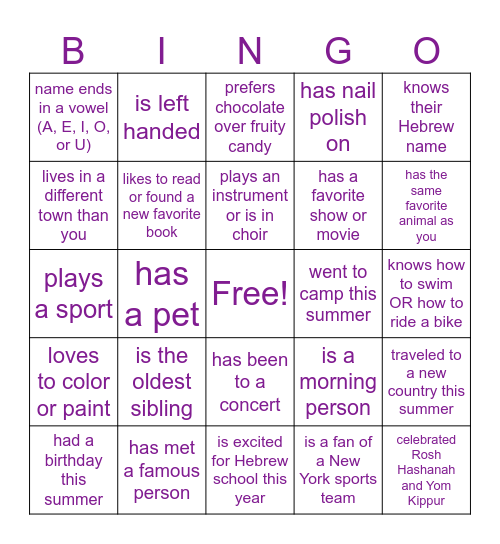 Happy First Day of Hebrew School! Bingo Card