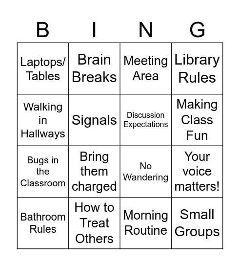 Classroom Rules Bingo Card