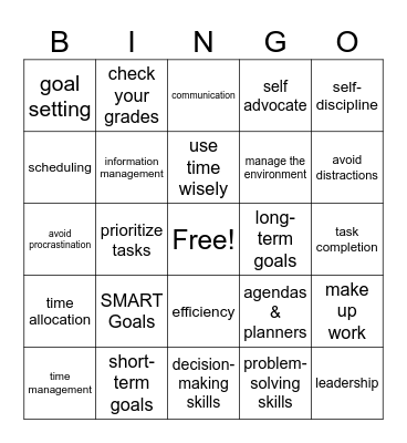Student Organizational Skills Bingo Card