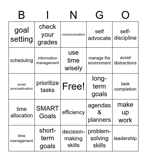 Student Organizational Skills Bingo Card