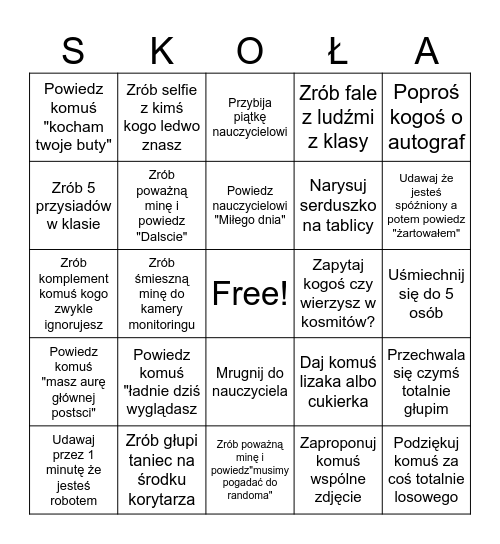 Bingo w szkole Bingo Card