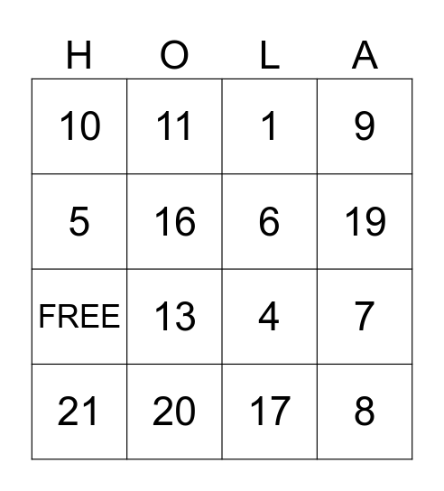 Los Numeros 1-20 Bingo Card