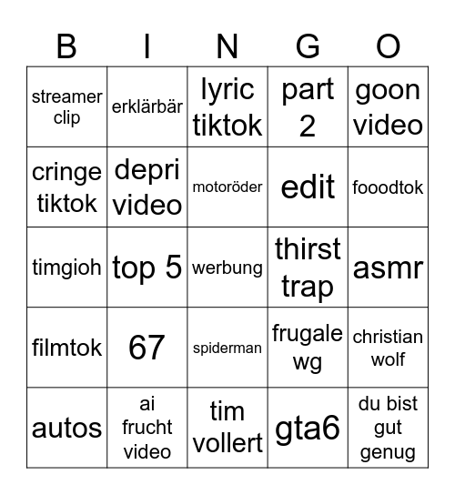tiktok bingog Bingo Card