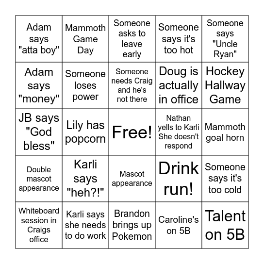 5B Bingo Card