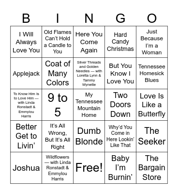 Dolly Parton Bingo Card