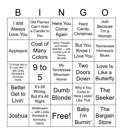 Dolly Parton Bingo Card
