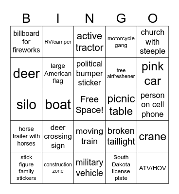 Roadtrip BINGO Card