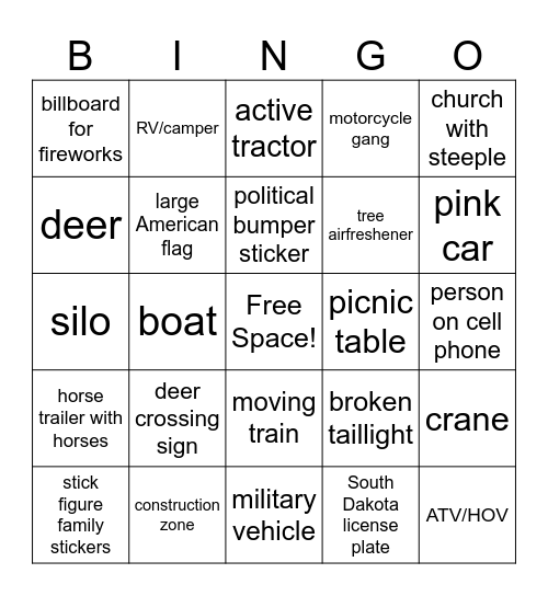 Roadtrip BINGO Card