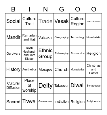 BDJH Culture and Religion Bingo Card