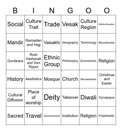 BDJH Culture and Religion Bingo Card