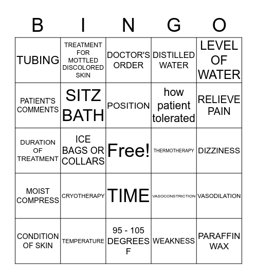 HEAT/COLD APPLICATION Bingo Card