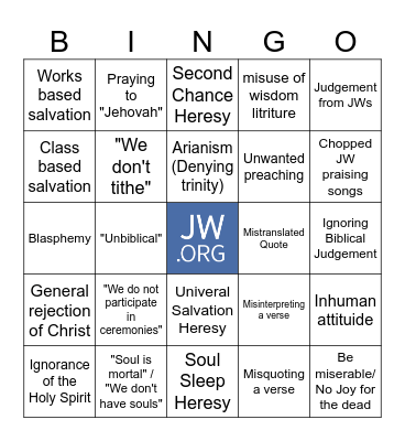 Jehovah's Witnesses Funeral Bingo Card