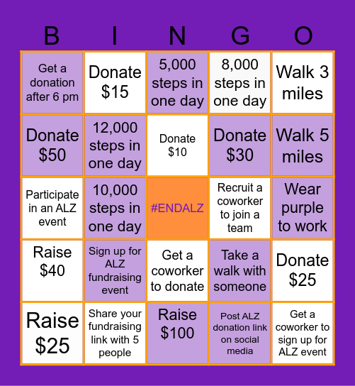 Walk to End Alzheimers Bingo Card